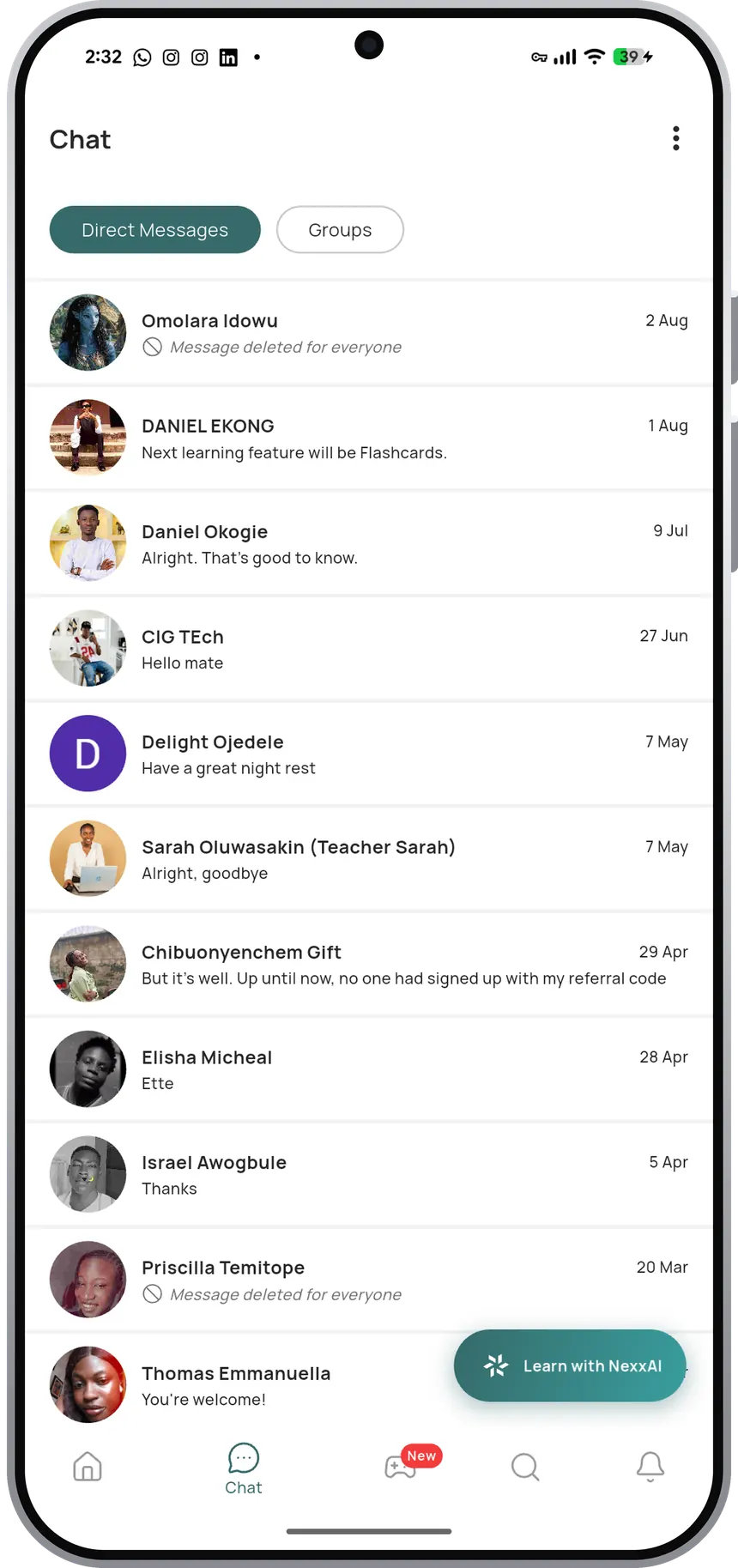 The chat list in the NexxEd app