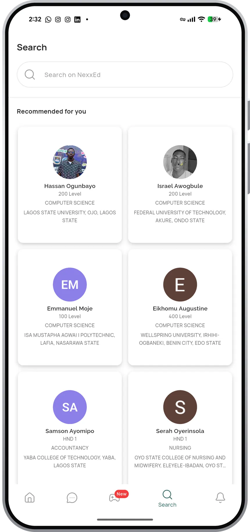 The search screen in NexxEd showing recommended students