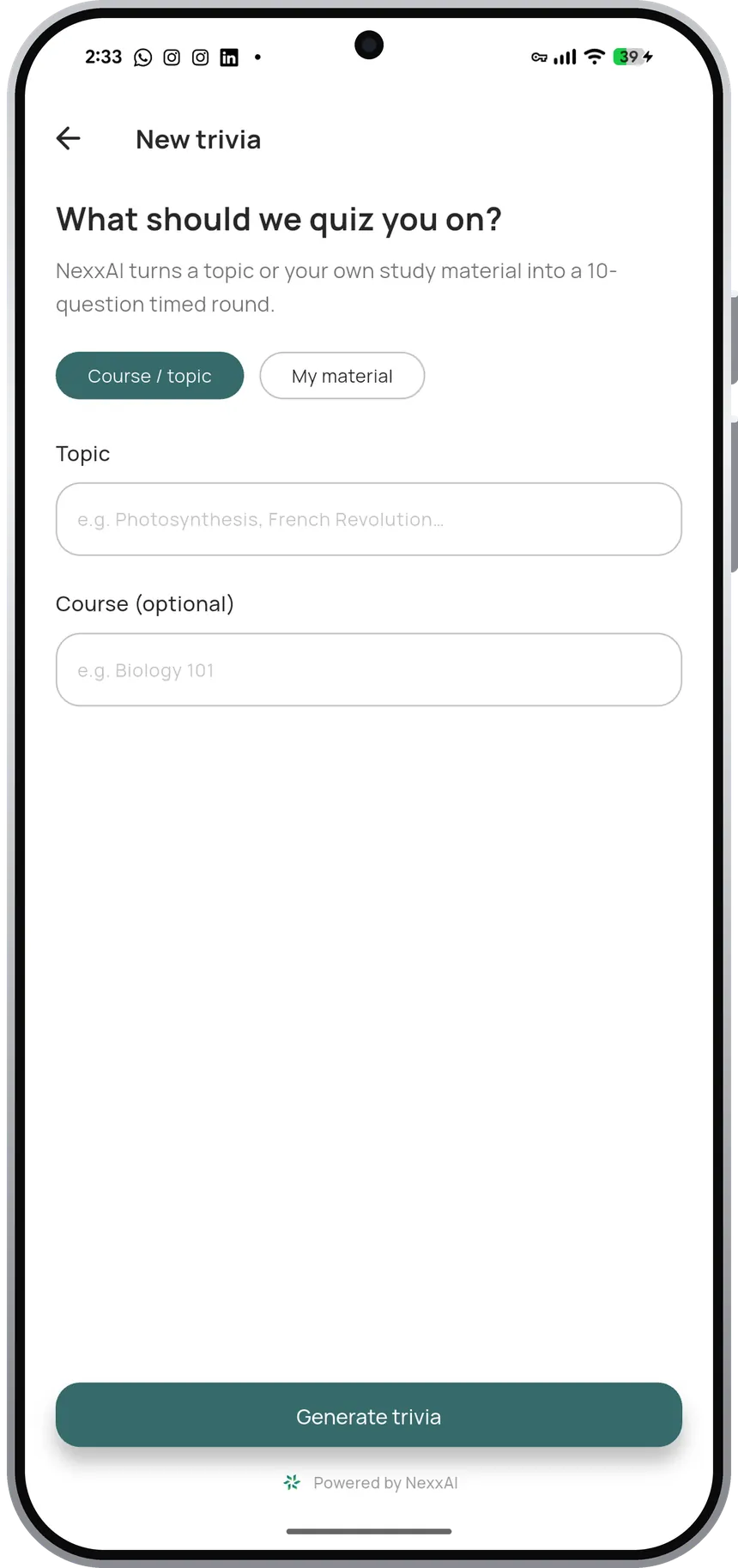 The New trivia screen in the NexxEd app
